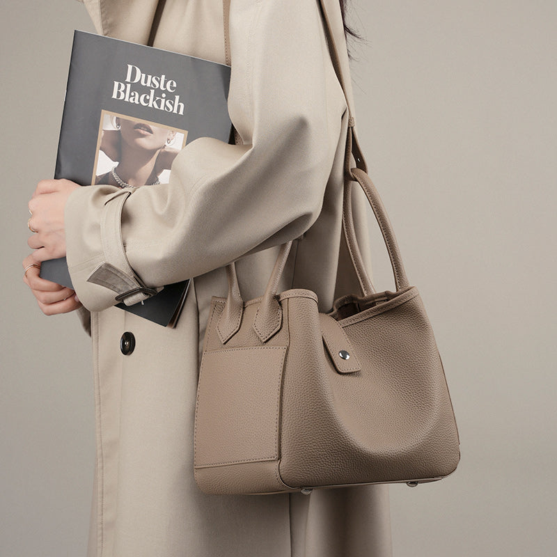 Niche design genuine leather bucket bag tote