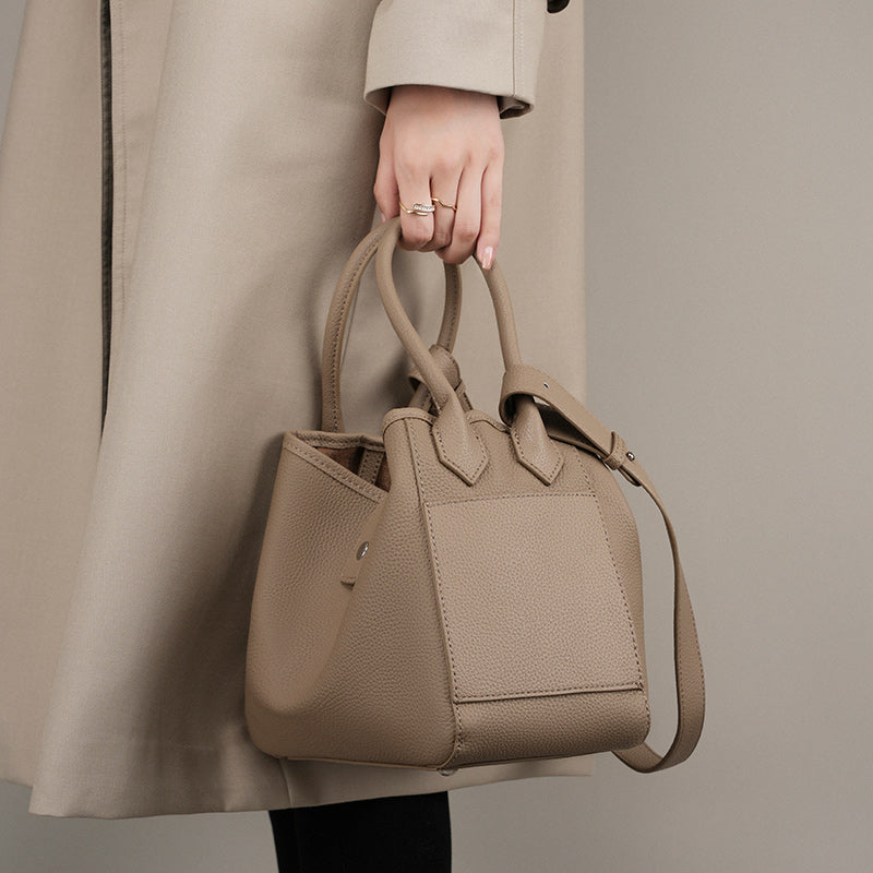 Niche design genuine leather bucket bag tote