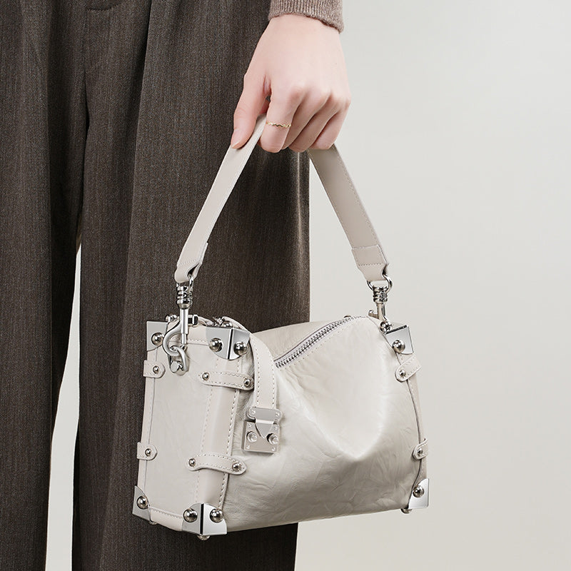 Willow rivet genuine leather handbag popular square soft box lazy style shoulder crossbody bag