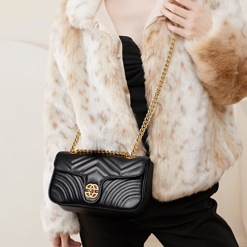 Top layer cowhide small sachet shoulder bag niche high-end genuine leather diamond chain bag