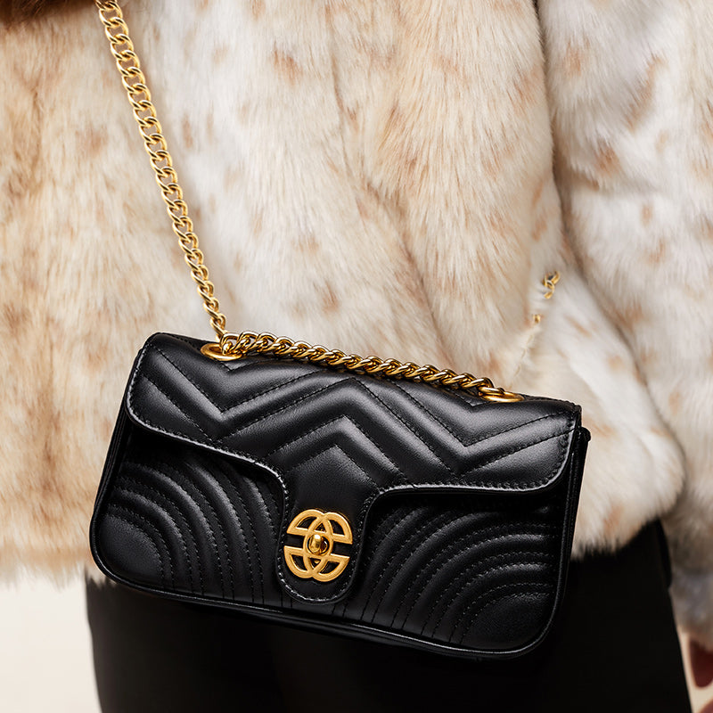 Top layer cowhide small sachet shoulder bag niche high-end genuine leather diamond chain bag