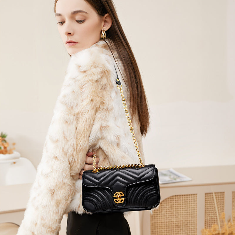 Top layer cowhide small sachet shoulder bag niche high-end genuine leather diamond chain bag