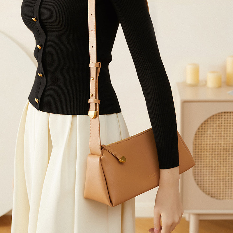 Cowhide genuine leather crossbody bag high-end baguette underarm bag