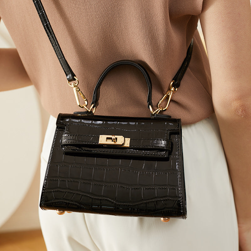 Genuine leather crossbody light luxury handbag crocodile pattern Kelly bag cowhide women's bag