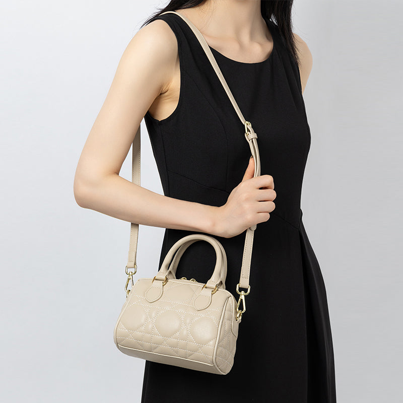 Genuine leather diamond Boston bag fashionable and versatile high-end handheld shoulder crossbody women's bag