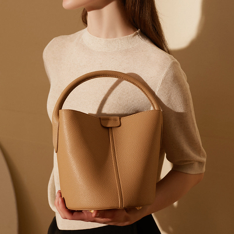 Top layer cowhide bucket bag genuine leather light luxury crossbody bag versatile shoulder handbag