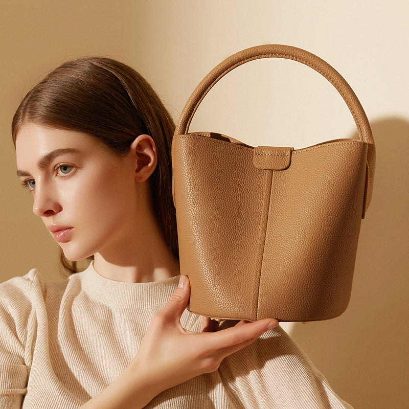 Top layer cowhide bucket bag genuine leather light luxury crossbody bag versatile shoulder handbag