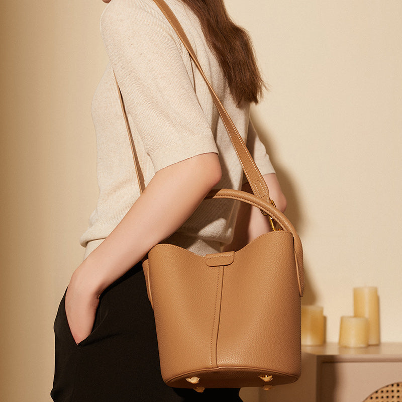 Top layer cowhide bucket bag genuine leather light luxury crossbody bag versatile shoulder handbag