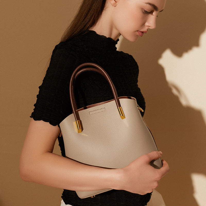 Small leather shoulder bucket bag