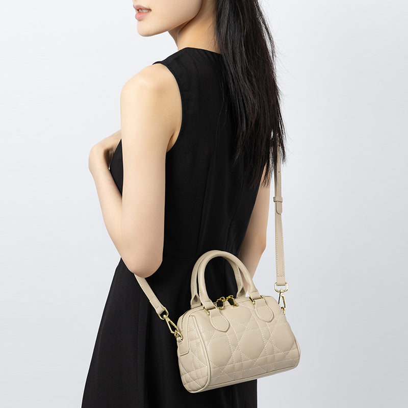 Genuine leather diamond Boston bag fashionable and versatile high-end handheld shoulder crossbody women's bag