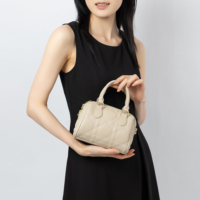 Genuine leather diamond Boston bag fashionable and versatile high-end handheld shoulder crossbody women's bag