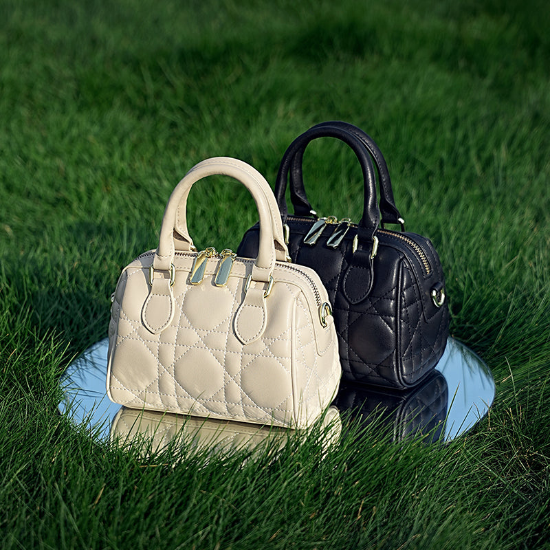 Genuine leather diamond Boston bag fashionable and versatile high-end handheld shoulder crossbody women's bag