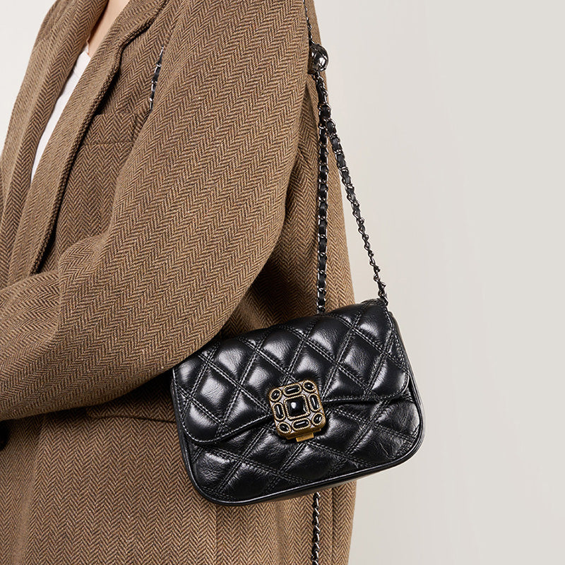 Genuine leather high-end shoulder bag trendy and fashionable niche crossbody bag diamond chain retro small square bag