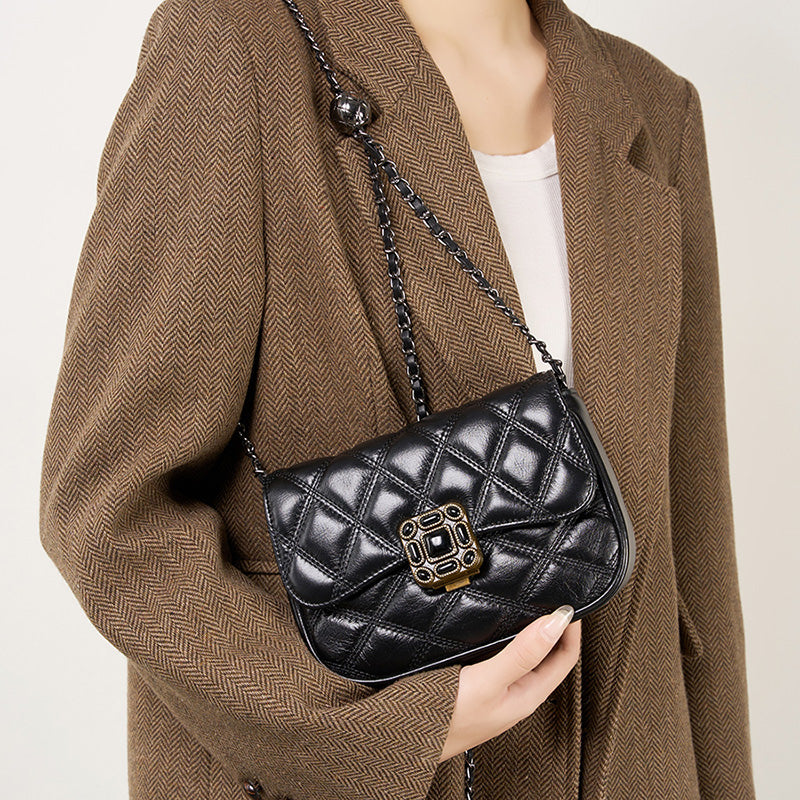 Genuine leather high-end shoulder bag trendy and fashionable niche crossbody bag diamond chain retro small square bag