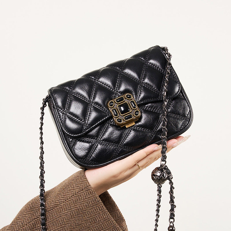 Genuine leather high-end shoulder bag trendy and fashionable niche crossbody bag diamond chain retro small square bag