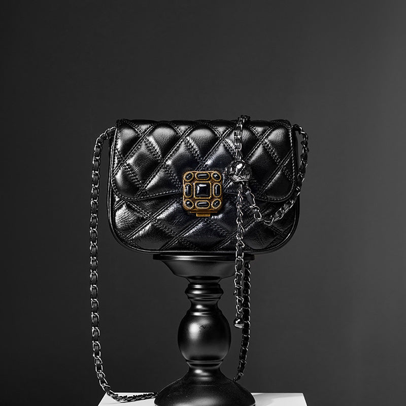 Genuine leather high-end shoulder bag trendy and fashionable niche crossbody bag diamond chain retro small square bag