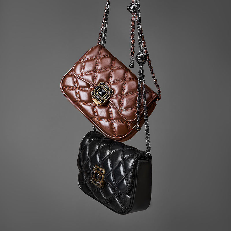 Genuine leather high-end shoulder bag trendy and fashionable niche crossbody bag diamond chain retro small square bag