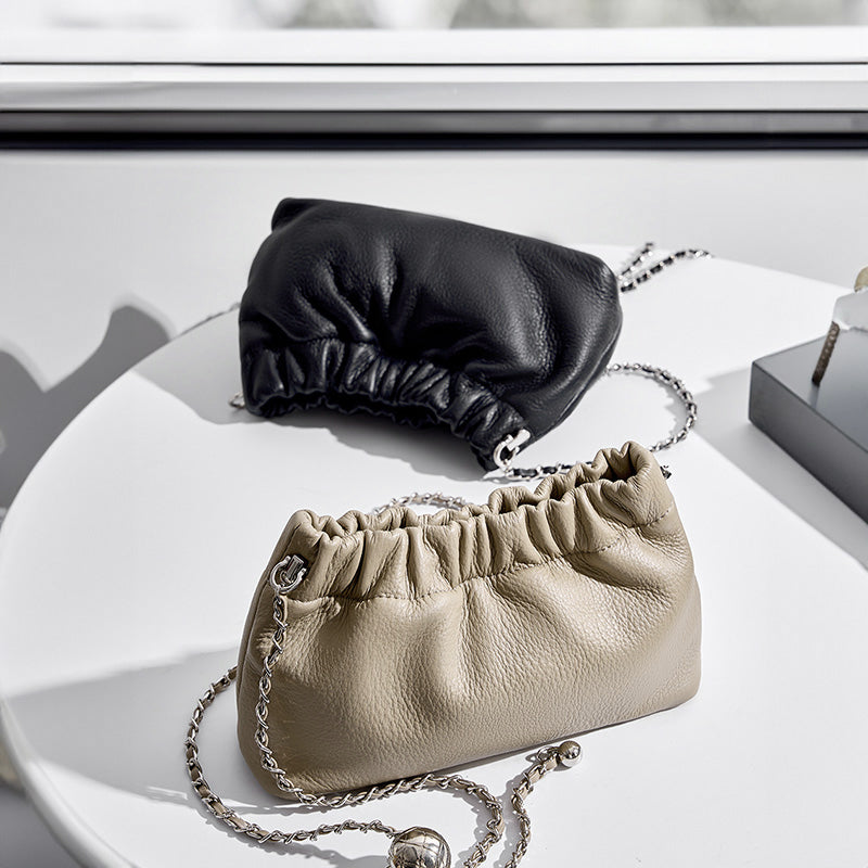 Genuine leather gold ball chain underarm bag cloud pleated bag shoulder crossbody bag
