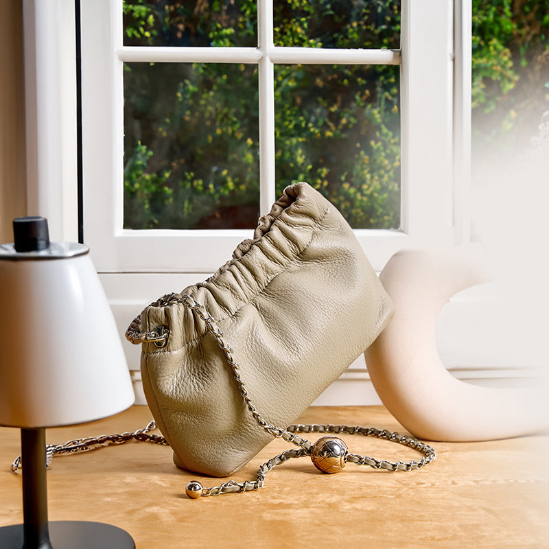 Genuine leather gold ball chain underarm bag cloud pleated bag shoulder crossbody bag