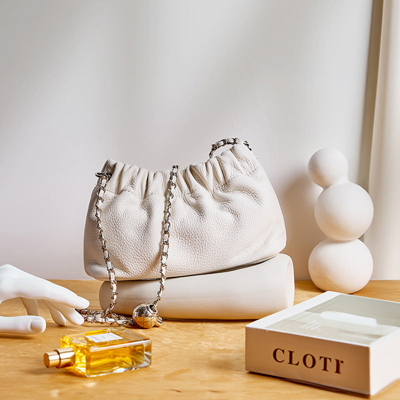Genuine leather gold ball chain underarm bag cloud pleated bag shoulder crossbody bag