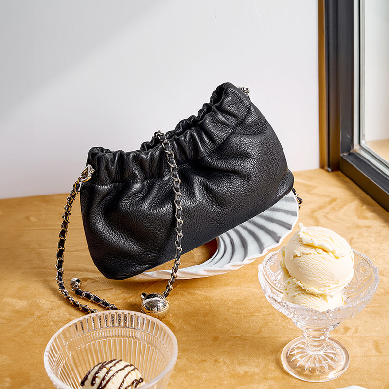 Genuine leather gold ball chain underarm bag cloud pleated bag shoulder crossbody bag