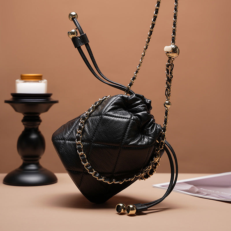 Genuine leather crossbody bucket bag high-end versatile small chain handbag for women