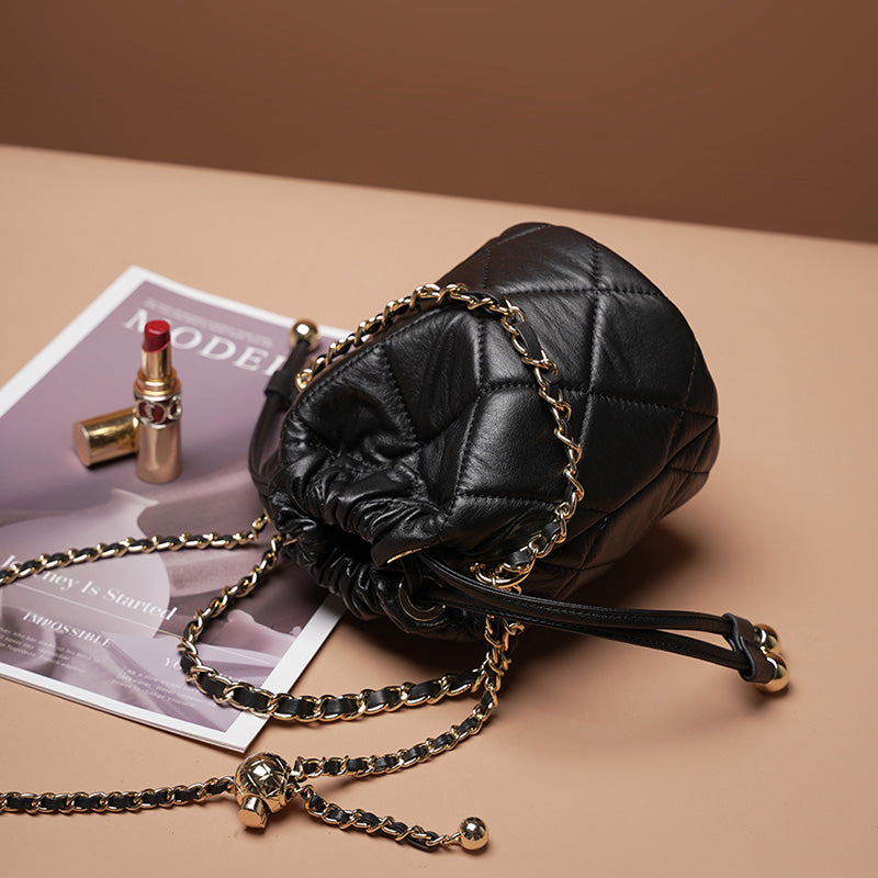 Genuine leather crossbody bucket bag high-end versatile small chain handbag for women