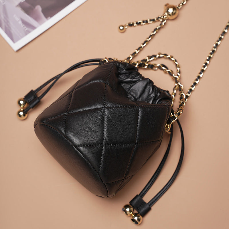 Genuine leather crossbody bucket bag high-end versatile small chain handbag for women