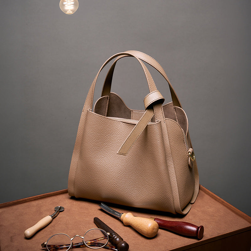 Genuine leather handbag, atmospheric crossbody bag, cowhide bucket bag