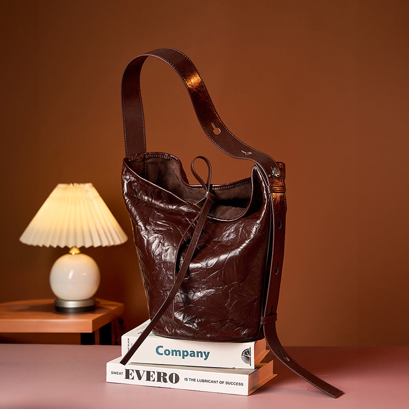 Genuine leather retro classic bucket bag fashionable niche cowhide shoulder crossbody tote bag