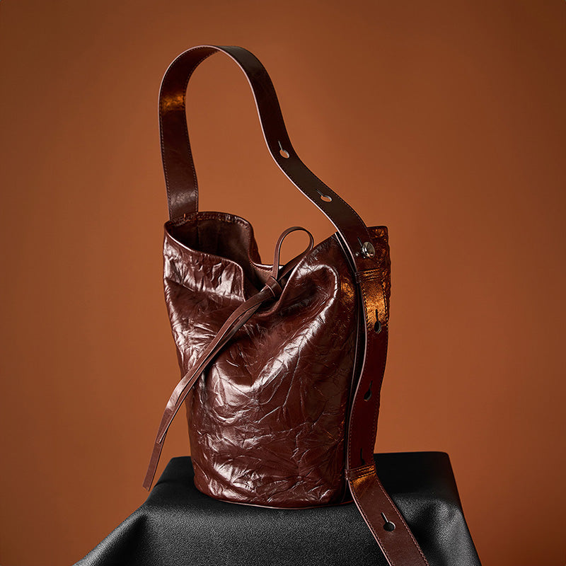 Genuine leather retro classic bucket bag fashionable niche cowhide shoulder crossbody tote bag