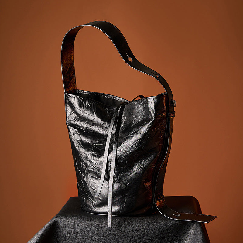 Genuine leather retro classic bucket bag fashionable niche cowhide shoulder crossbody tote bag
