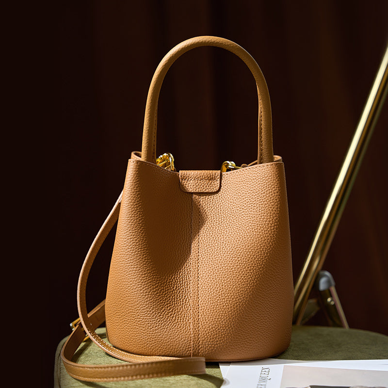 Top layer cowhide bucket bag genuine leather light luxury crossbody bag versatile shoulder handbag
