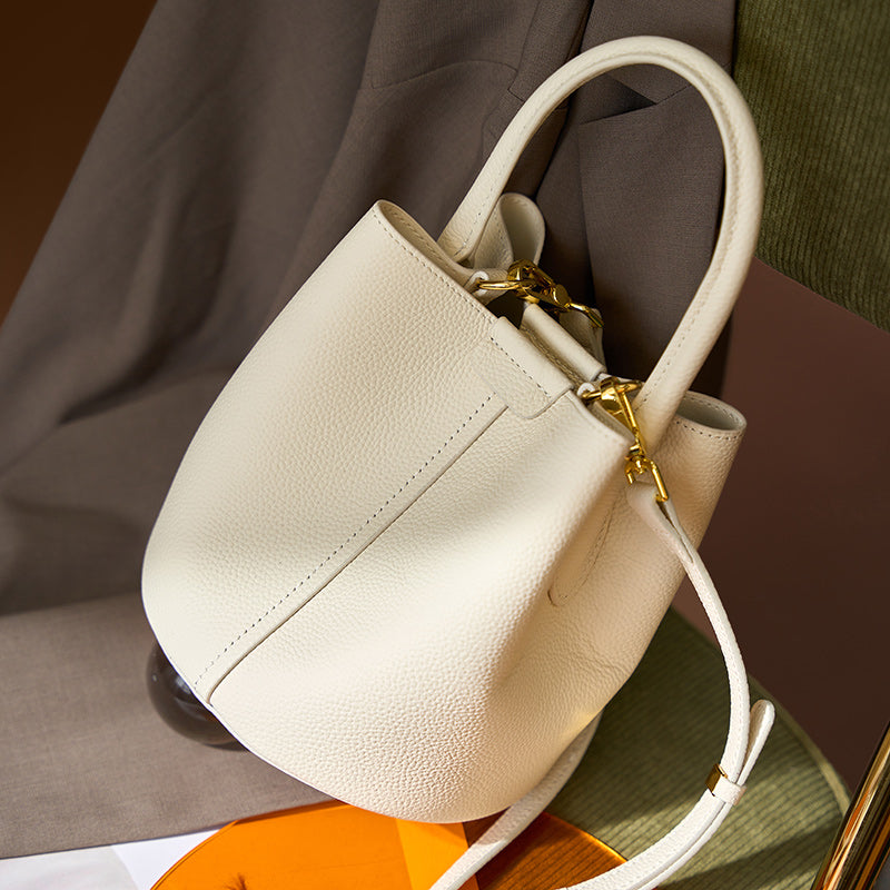 Top layer cowhide bucket bag genuine leather light luxury crossbody bag versatile shoulder handbag