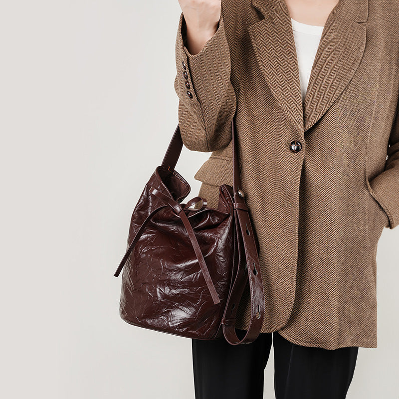 Genuine leather retro classic bucket bag fashionable niche cowhide shoulder crossbody tote bag