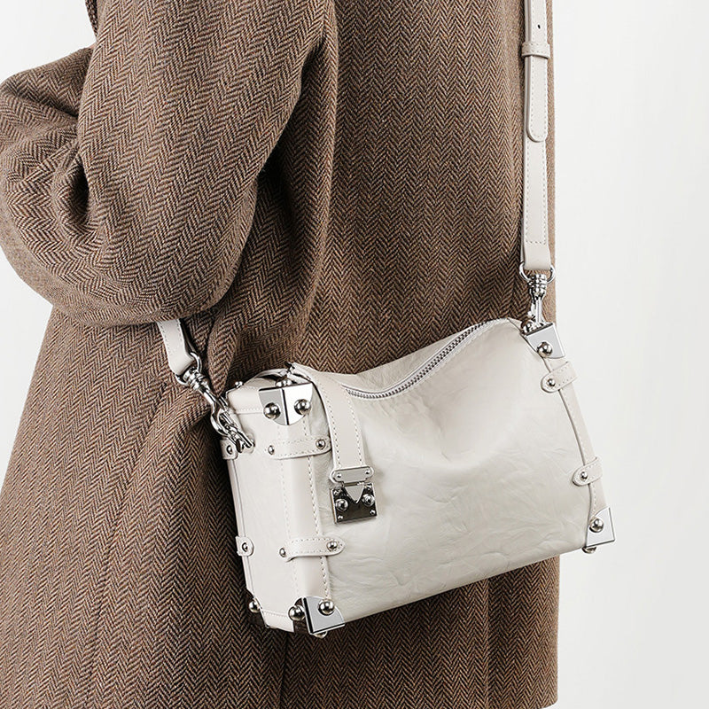 Willow rivet genuine leather handbag popular square soft box lazy style shoulder crossbody bag