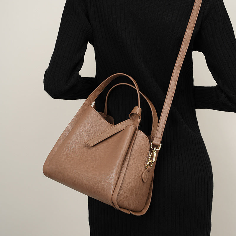 Genuine leather handbag, atmospheric crossbody bag, cowhide bucket bag