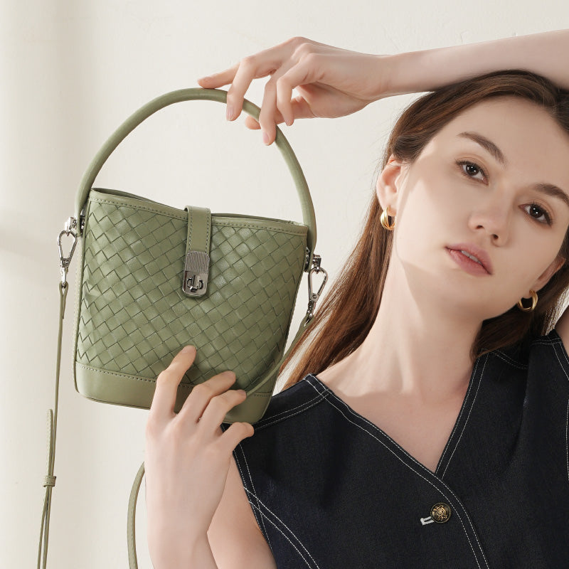 First layer sheepskin braided bucket bag shoulder handbag