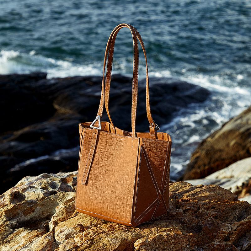 First layer cowhide tote bag genuine leather geometric bag deformable shoulder large bag