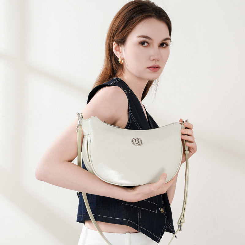 Genuine leather all-match crossbody bag, first layer cracked cowhide one-shoulder simple crescent dumpling bag