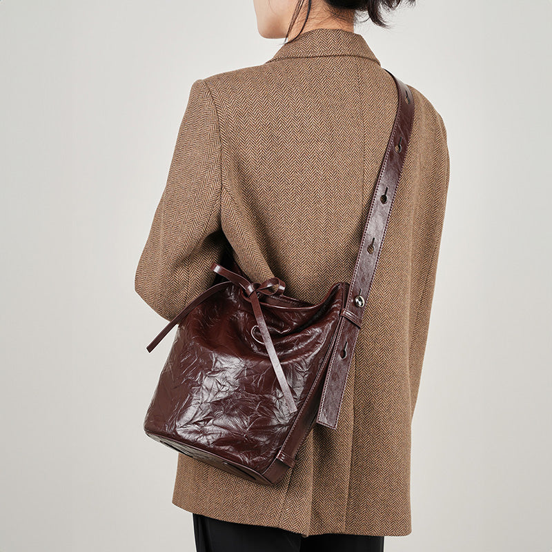 Genuine leather retro classic bucket bag fashionable niche cowhide shoulder crossbody tote bag