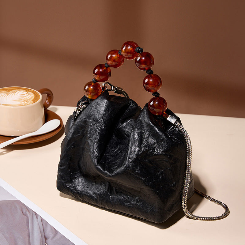 Genuine leather Chinese bead handbag niche cowhide single shoulder beaded crossbody bag