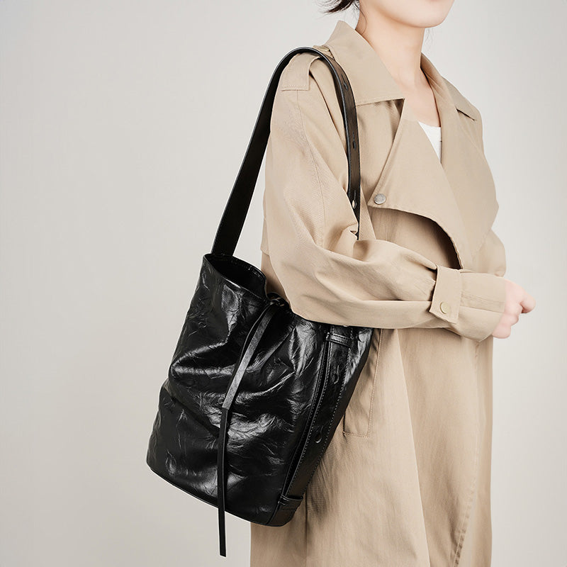 Genuine leather retro classic bucket bag fashionable niche cowhide shoulder crossbody tote bag