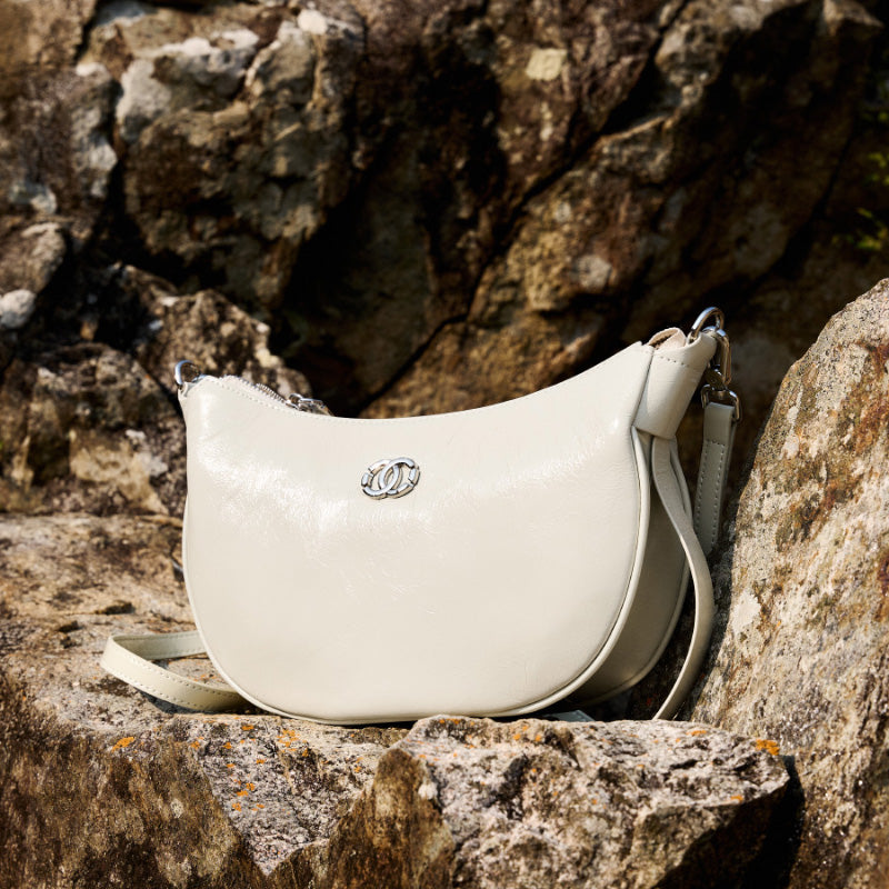 Genuine leather all-match crossbody bag, first layer cracked cowhide one-shoulder simple crescent dumpling bag