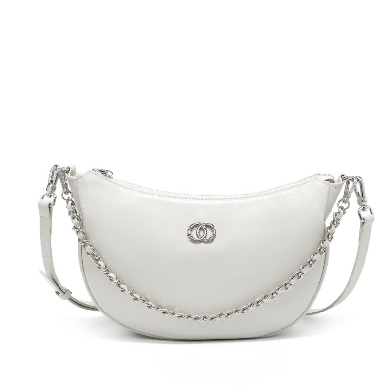 Genuine leather all-match crossbody bag, first layer cracked cowhide one-shoulder simple crescent dumpling bag