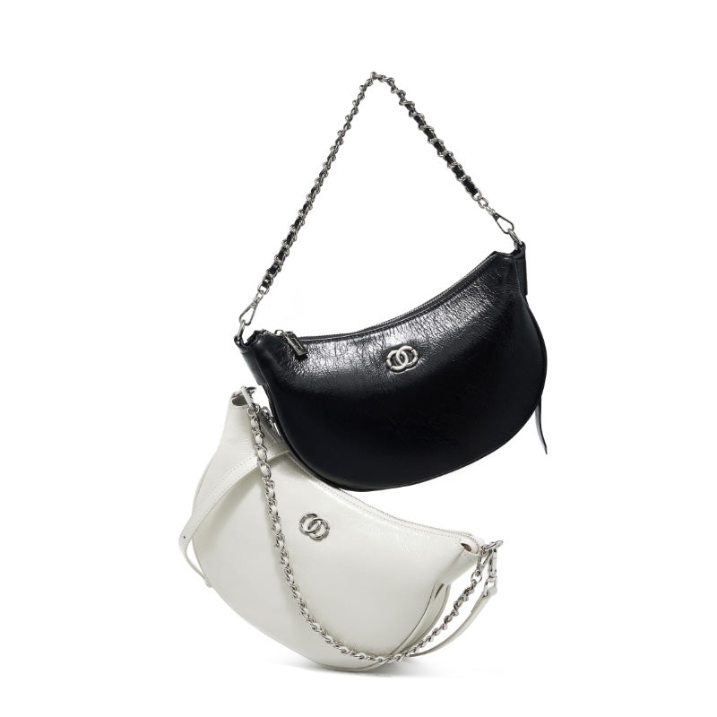 Genuine leather all-match crossbody bag, first layer cracked cowhide one-shoulder simple crescent dumpling bag