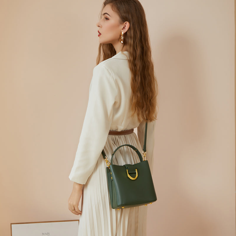 Genuine leather versatile bucket bag fashionable commuter handbag shoulder messenger bag