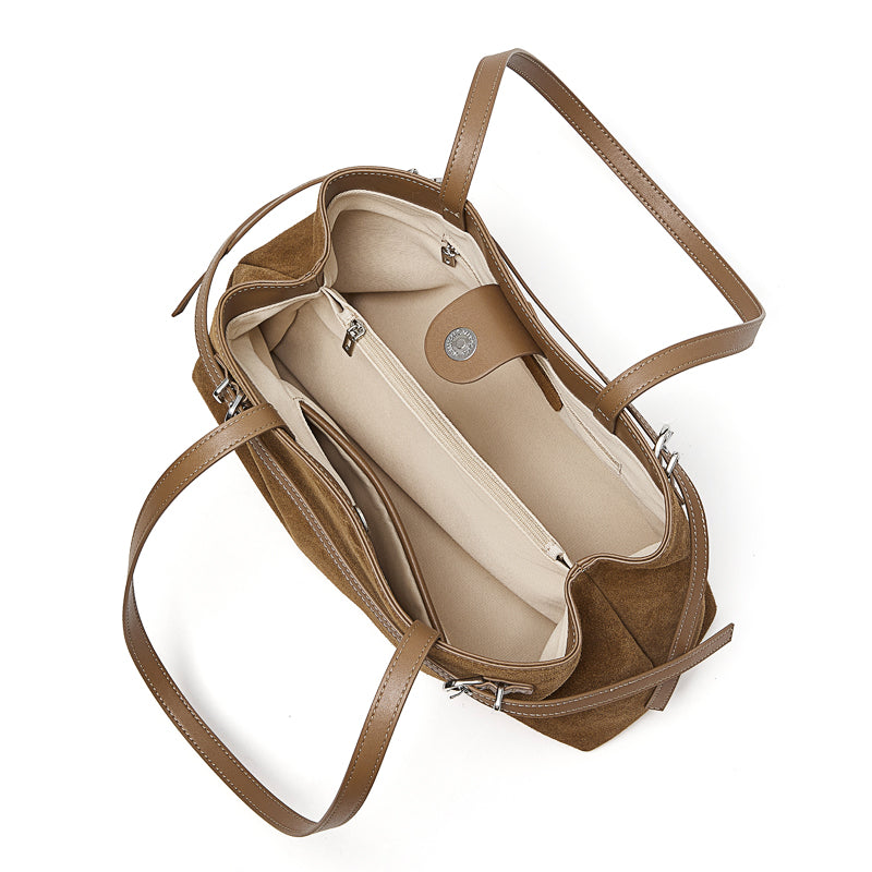 Cowhide high-grade matte texture tote bag genuine leather versatile suede retro handheld shoulder bag