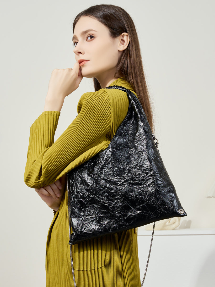 French loose triangle pleated tote bag women's light large capacity women's bag first layer cowhide shoulder underarm bag