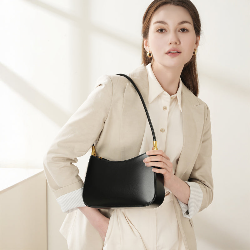 Genuine leather simple shoulder bag versatile baguette bag French style underarm retro women's bag